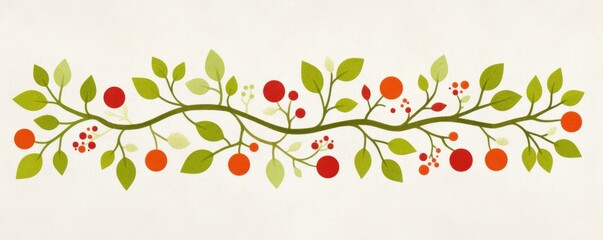 Wide banner. Floral design with green leaves and colorful berries on a light background.
