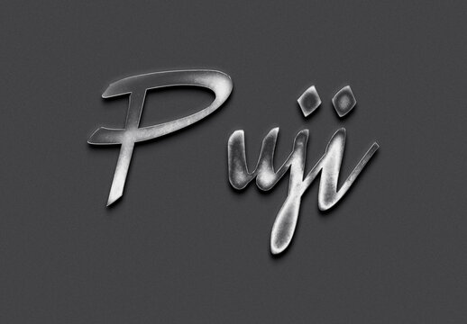 Chrome metal 3D Indonesian name design of Puji on grey background.