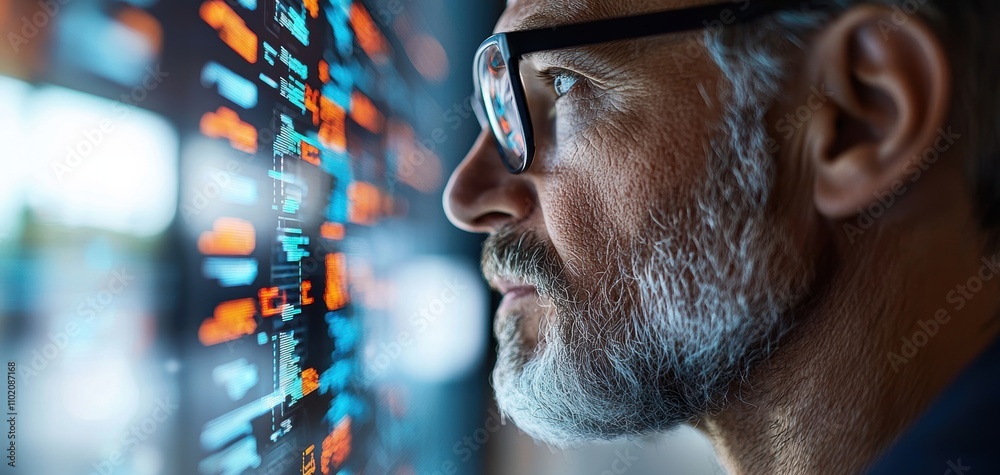 Poster technology cybersecurity trends concept. a focused man analyzes digital data on a screen, showcasing