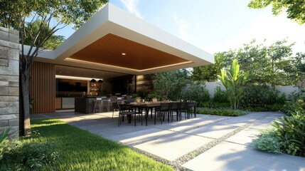 Fototapeta premium Modern outdoor dining area in a tranquil garden setting with lush greenery and sunlight