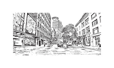Print Building view with landmark of Vancouver is the city in Western Canada. Hand drawn sketch illustration in vector.