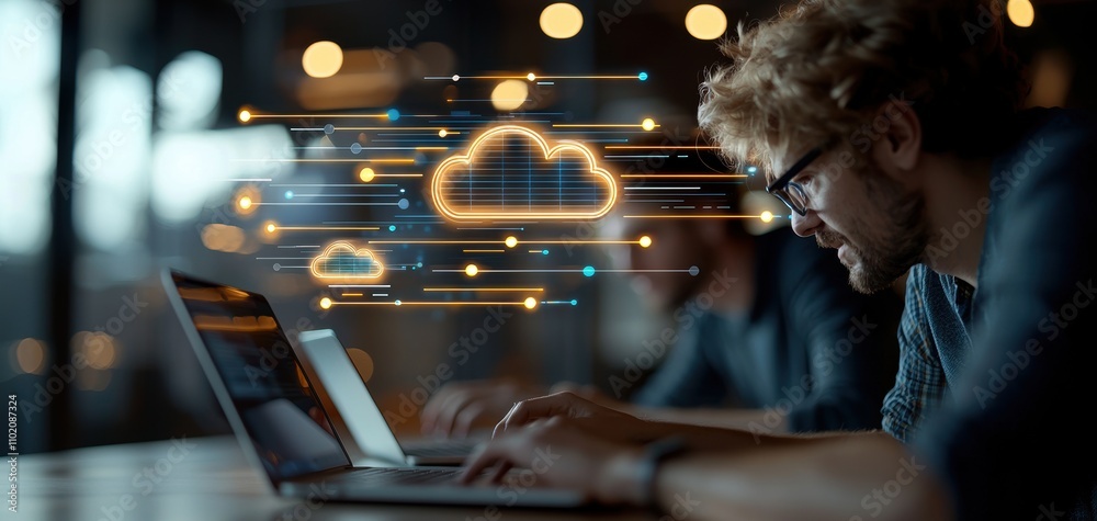 Poster technology cybersecurity trends concept. A focused individual working on a laptop, with digital cloud graphics and data connections in the background, symbolizing cloud computing and technology.