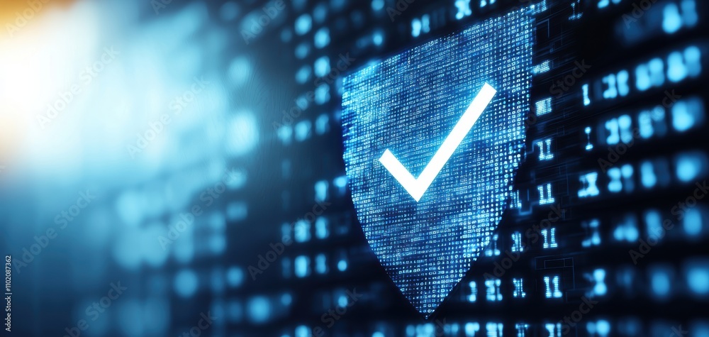 Fototapete technology cybersecurity trends concept. A digital shield with a checkmark symbolizes security and trust in a high-tech environment.