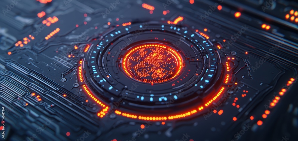 Poster technology cybersecurity trends concept. A futuristic circuit board design featuring glowing orange and blue elements, showcasing intricate patterns and technology.