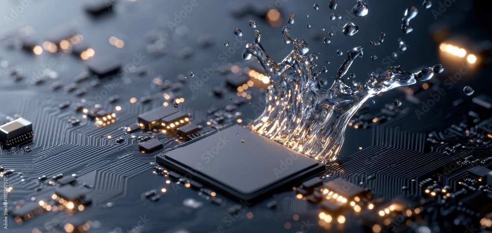 Aufkleber technology cybersecurity trends concept. A close-up of a computer chip with water splashing onto it, showcasing the interaction between electronics and liquids in technology.