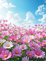 A sprawling bed of cosmos flowers in full bloom against a blue sky background, flower bouquet, colorful gardens, cosmos flower garden