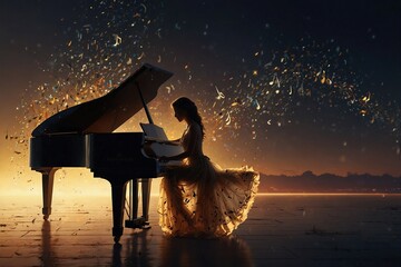 Silhouette of a Woman Sitting at a Grand Piano Surrounded by Musical Notes