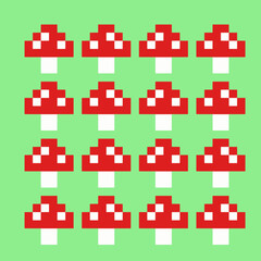 mushrooms in pixel art pattern