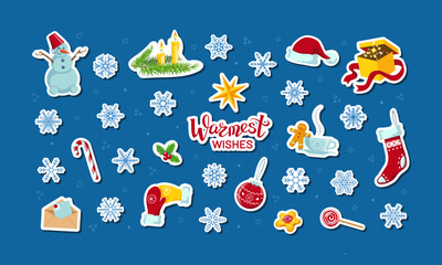 Fototapeta premium Cute Boxing day, Xmas, New Year stickers, magnets or pins. Santa hat, snowman, snowflakes, gift, etc