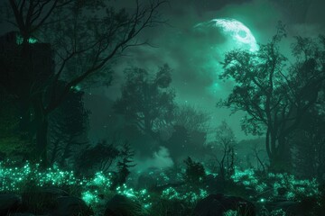 A moonlit forest with glowing flora and a mystical atmosphere.