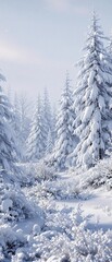 Frozen forest landscape with snow-covered trees and frosty undergrowth, frozen scenery, winter, forest