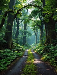 Naklejka premium A winding road runs through a lush green forest with towering trees above, forest landscapes, tree-covered paths