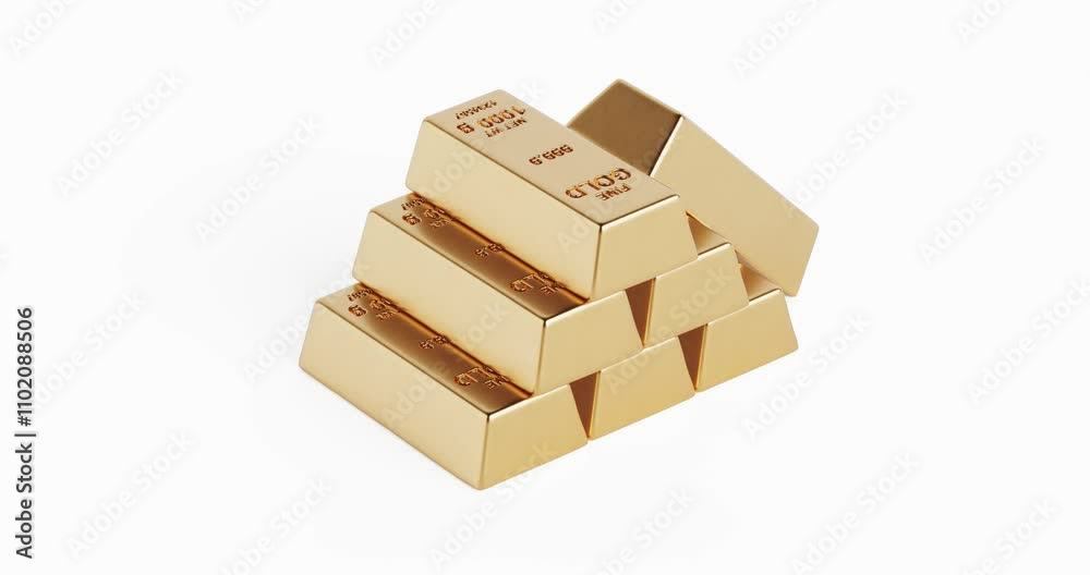 Aufkleber 4k Resolution Video: Stack of Golden Bars Seamless Loop Rotating on a White Background with Alpha Mate