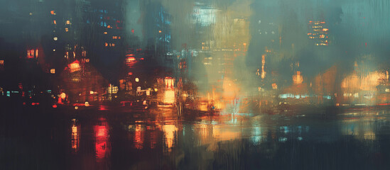 Fototapeta premium Rainy window view Oil Painting background, busy city, bokeh, cozy, nostalgic 