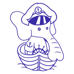 Funny Little Elephant Boat Captain Cute Sweet Fun Design Lover Art Vector Illustration Card T-Shirt Poster Sticker Graphic Print Decorative Drawing Isolated Logo Decoration Symbol Creative Cool Style