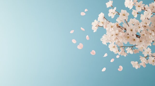 A vibrant cherry blossom branch floating in the air against a pastel pink and blue gradient background, petals softly scattering in a gentle breeze, evoking a sense of springtime serenity,