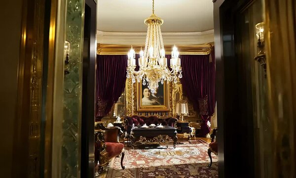 Opulence Unveiled: Glimpse into a lavishly furnished living room, adorned with intricate details, rich textures, and a grand chandelier casting warm, inviting light. Discover the essence of luxury.