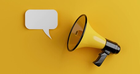4k Resolution Video: Yellow Megaphone with Empty Speech Clouds Chat Bubble Appears on a Yellow Background