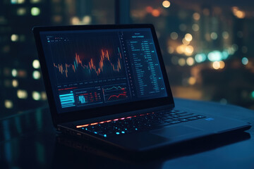 Laptop Displaying Stock Market Data at Night