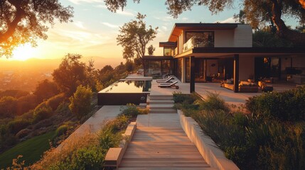 Fototapeta premium Modern luxury home with sleek architecture and expansive outdoor living area overlooking a stunning sunset view set in a serene natural landscape