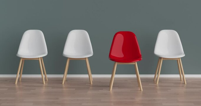 4k Resolution Video: Success Concept. Row of White Office Chairs with One Red Moving Forward in Front of Brick Wall