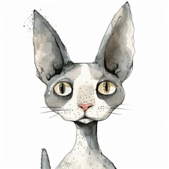 Obraz premium A whimsical illustration of a curious cat with large ears and expressive eyes, perfect for feline enthusiasts and art lovers.
