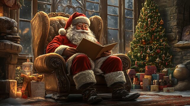 Santa Claus reading by a cozy fireplace with a decorated Christmas tree and presents.