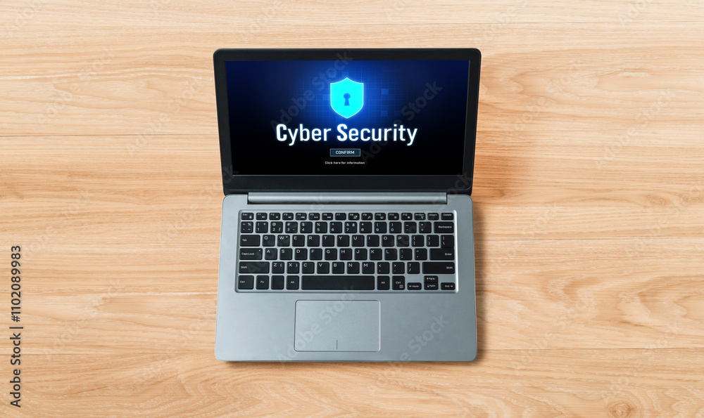 Poster cyber security system on computer screen protect private information snugly from hacker and cyber at
