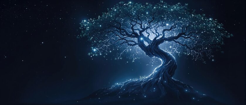 A mystical tree of life enveloped in a soft glow, symbolizing ancient wisdom and connection to the universe, universe, ancient