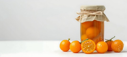 Fresh kumquat fruits and glass jar with jam on white background, space for text, created with Generative AI technology