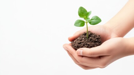 hand holding young plant isolate on white background