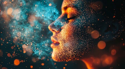 Fototapeta premium Artistic profile of a face surrounded by glowing particles and mist