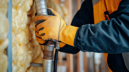 Installation process with hands in protective gloves attaching pipes to an insulation layer - Safe and detailed, bright indoor lighting