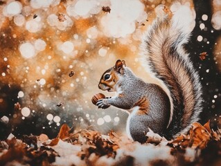 Adorable Squirrel Enjoying Autumn's Bounty in a Magical Forest Setting