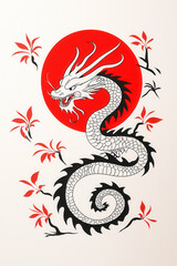 Fototapeta premium Elegant dragon spiraling around glowing red sun, surrounded by bamboo. This striking design captures essence of strength and beauty, evoking sense of mystique and power