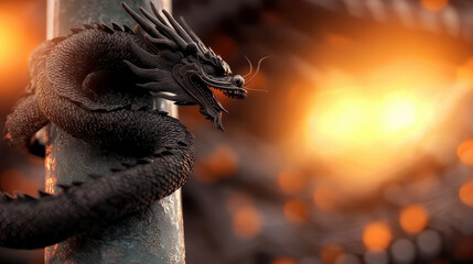 Obraz premium Majestic dragon wrapping around jade pillar, exuding power and mystique. fiery background enhances dramatic atmosphere, creating captivating scene