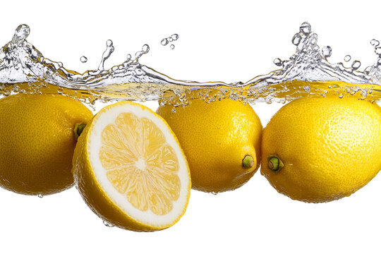 Fresh lemons splash into water, showcasing their vibrant yellow color and juicy texture. image captures refreshing essence of citrus fruits, perfect for culinary use