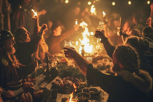 Pagan Viking Yule Party with Decorated Yule Tree and Norse Gods, Celebrating Scandinavian Ancestral Traditions During the Winter Solstice