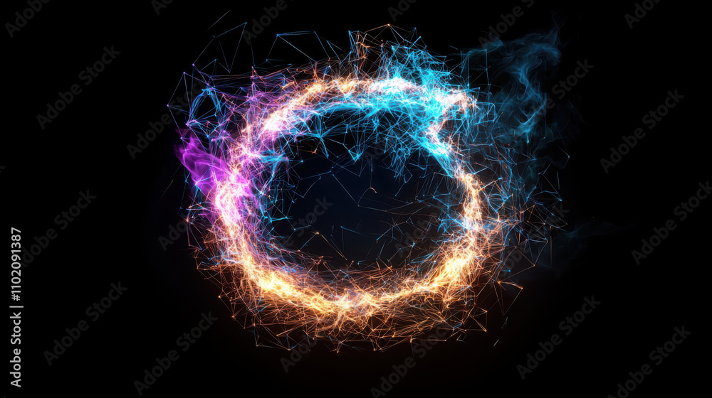 Poster illuminating cyber mesh typography exploring the glowing connection points of an electronic web in a