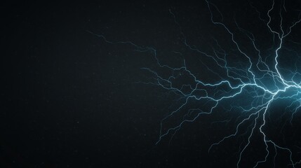 Fototapeta premium A single lightning bolt striking in the center of a completely black background, emitting vivid teal electricity that spreads like veins, illuminating the darkness with a mystical glow, Photorealistic