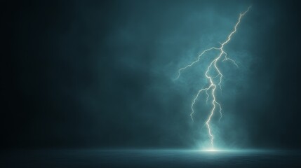 A single lightning bolt striking in the center of a dark background, generating cyan electricity that flows like liquid light, bathing the darkness in cool radiance, Photorealistic