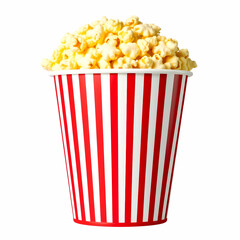 Popcorn bucket with iconic red and white stripes packed to the brim with golden popcorn