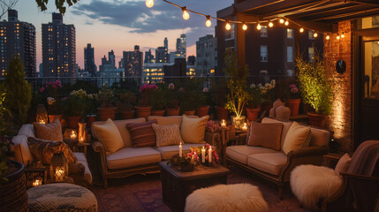 Rooftop deck with plush seating and skyline view at dusk.
