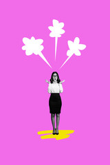 Vertical photo collage of shocked anxious business girl steam anger cloud tiredness exhaustion workload isolated on painted background