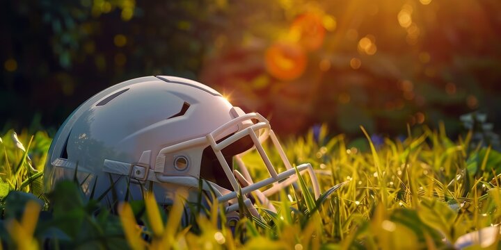football helmet rests on grassy field at sunset. image symbolizes the end of a game or the close of season. Perfect for sports articles, blogs, or social media posts