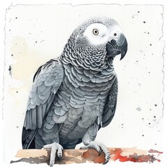 Obraz premium A detailed illustration of a majestic gray parrot perched gracefully, showcasing its vibrant feathers and intelligent gaze.