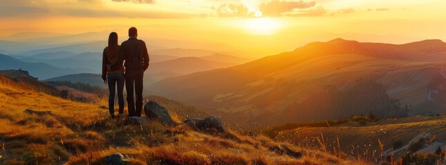 Couple Silhouetted Against Breathtaking Sunset Over Majestic Mountains
