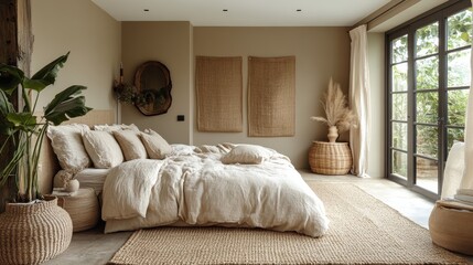 A serene and inviting modern bedroom interior with abundant natural light, featuring cozy earth-toned textiles and lush green plants for a tranquil atmosphere.