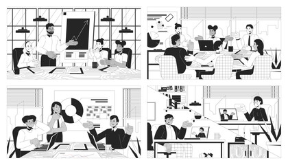 Teamwork meetings black and white line illustrations set. Multicultural team 2D characters monochrome backgrounds. Briefing coworkers. Collaboration colleagues outline scenes vector images collection