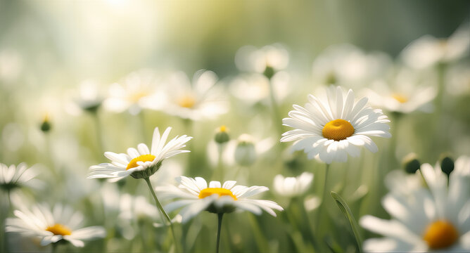 A serene meadow filled with white daisies under soft sunlight, showcasing vibrant yellow centers and a dreamy green background. - Powered by Adobe